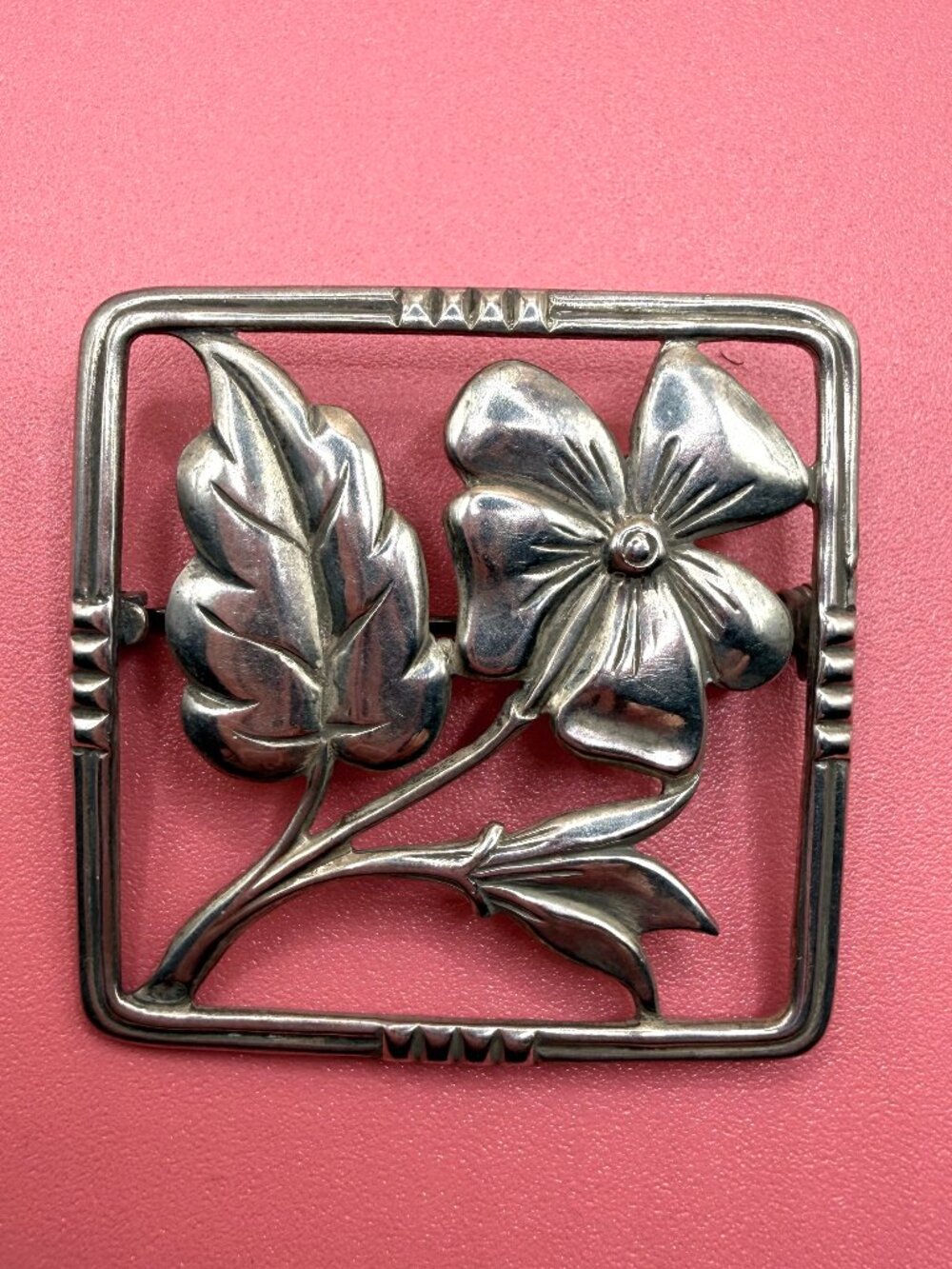Vintage Sterling Silver Square Flower Pin Brooch Art Deco